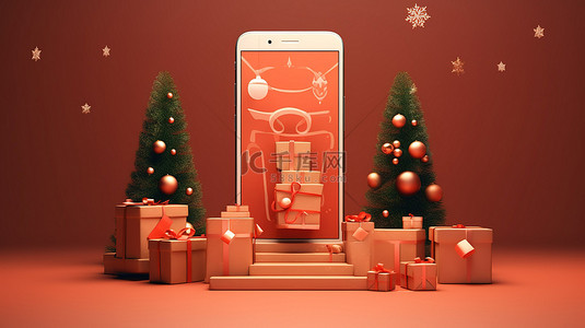手机圣诞节背景图片_智能手机的 3D 渲染概念化圣诞节在线购物