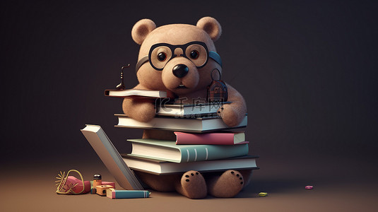 可爱的熊学习与书籍 3d 渲染