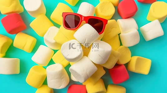 黄色表面上浮雕一次性纸 3D 眼镜和棉花糖的简约波普艺术顶视图