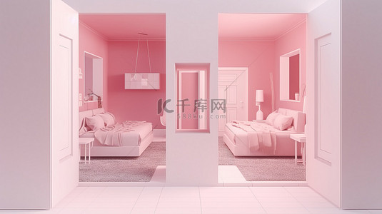 粉红色背景下空 3D 纸模型渲染的两卧室公寓