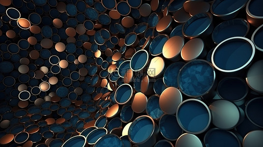 抽象几何图案壁纸，深蓝色和棕色圆圈 3D 渲染