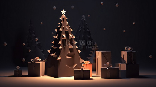 圣诞节深色背景图片_带有礼品盒和圣诞树概念的深色背景的卡通风格 3D 渲染
