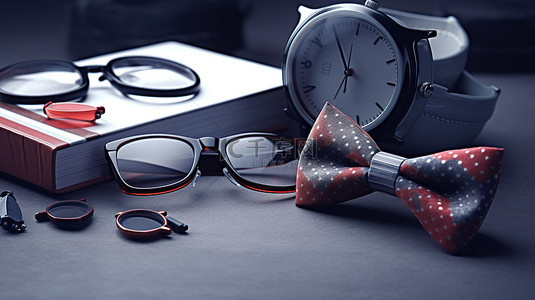 父亲节主题3d眼镜时钟和领带背景