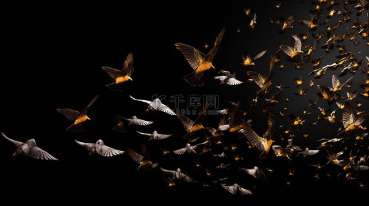 飞行的背景图片_黑色背景下飞行的鸟类的 3D 插图