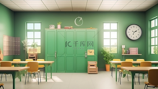 现代教室 3D 渲染绿色座椅和书桌，带黑板手表和门设计