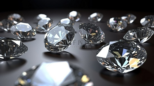 在 3D 渲染中排列在闪亮背景上的圆形钻石簇，具有柔和的模糊效果