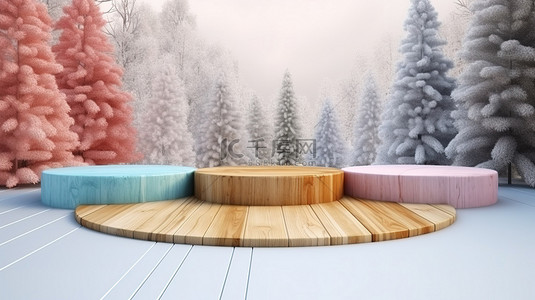 冬季主题背景图片_冬季主题 3d 在彩色背景上渲染一个空的木制讲台，地板上覆盖着雪