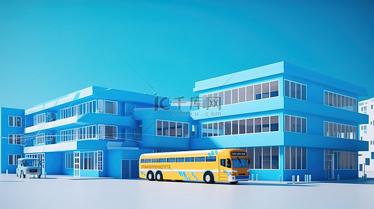 现代学校设施和 3d 蓝色巴士车队