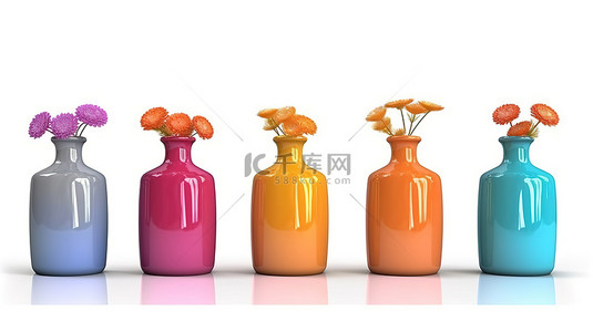 瓷瓶背景图片_3D 渲染中白色背景陶瓷瓶系列上各种充满活力的花瓶和眼镜
