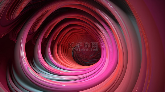 粉色浅蓝模板背景图片_3D 渲染螺旋门户中的彩色圆形分形，具有粉色和红色体积