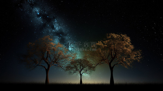夜间天际线与 3d 树剪影