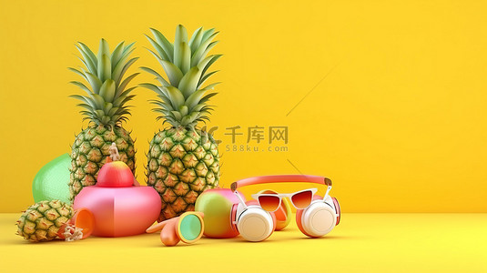 夏日祭祭背景图片_带有复制空间的 3D 插图中的时尚菠萝和有趣的火烈鸟