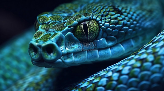 令人难以置信的 3D 渲染特写蓝色毒蛇 Trimeresurus insularis 蛇