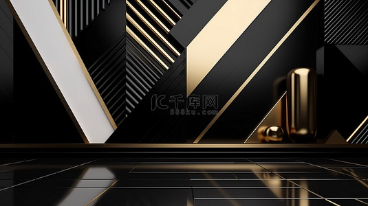 黑色金色和白色 3d 渲染背景中的抽象几何角场景
