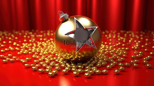 红色背景的 3D 插图，装饰有金色和银色的球以及圣诞节和新年庆祝活动的星星