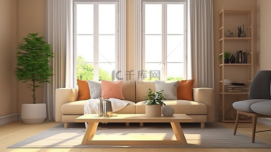 充满活力的客厅配有米色沙发垫郁郁葱葱的植物和带打开书的咖啡桌