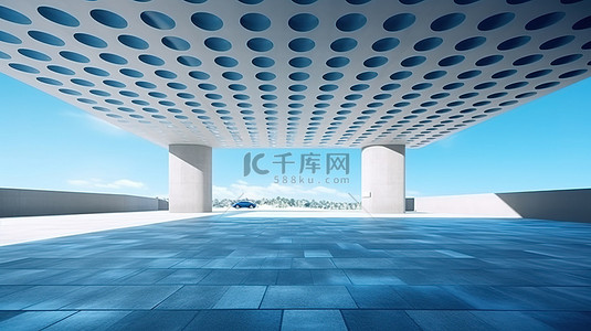 蓝白背景背景图片_停车场空置混凝土地板蓝天现代结构的 3D 渲染