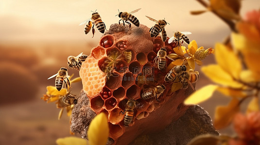 蜂蜜蜂窝背景图片_悬挂在树枝上的蜂窝与逼真的 3D 蜜蜂
