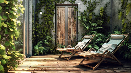 躺椅背景图片_池畔休息室木制躺椅，旧墙上有攀爬植物 3d 渲染
