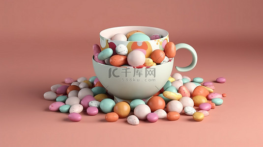 平躺式 3D 渲染图像，杯子里装满了糖果和鸡蛋
