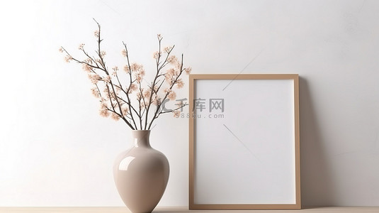 3D 渲染插图，显示一个别致的木制相框，白色的桌子上有一个花瓶，靠着白色的墙壁