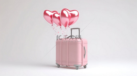 爱心箱背景图片_白色孤立背景上心形气球和粉色手提箱的 3D 插图