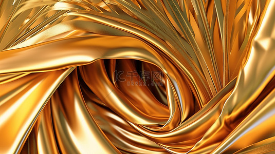 优雅的热带棕榈叶和金环 3D 渲染在豪华柔软的纺织面料上