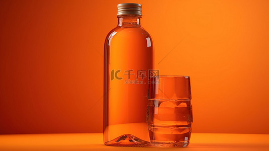 饮品瓶子背景图片_橙色背景上的玻璃水瓶和玻璃的 3D 渲染