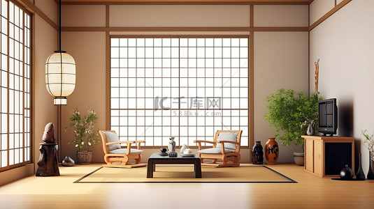 日式榻榻米背景图片_日式客厅内部的 3D 渲染