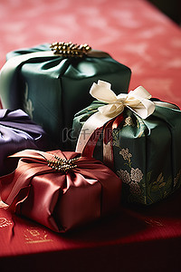 礼品包装纸背景图片_用白色亚洲礼品包装纸将礼物包装在桌子上