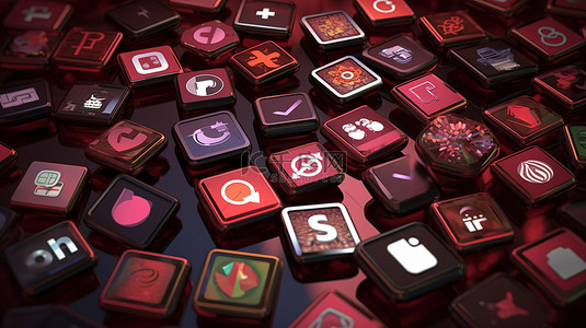 深红色背景展示带有流行社交网络应用程序徽标的方形徽章的 3d 渲染