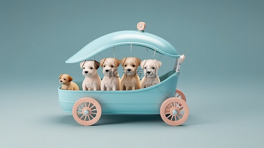 婴儿车里的小狗的 3d 渲染