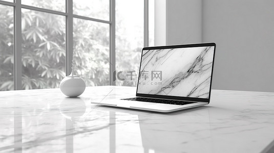 3d 插图白色办公室场景与笔记本电脑在具体背景