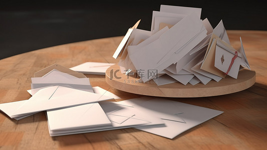 一个展开的信封，上面有一张空白卡，放在一叠密封的信件上，3D 渲染