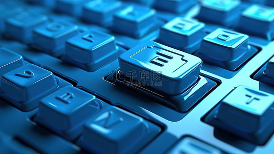 背景中具有抽象对象和蓝色键盘输入按钮的技术概念的 3D 渲染