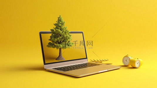 办公桌上的黄色笔记本电脑模型，配有配件和树