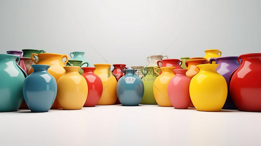 陶瓷花盆背景背景图片_充满活力的家居装饰 3d 渲染彩色陶瓷花瓶和花盆在白色背景上带有复制空间