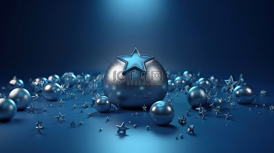 悬浮节日模板银色星星装饰 3d 蓝色背景与装饰品