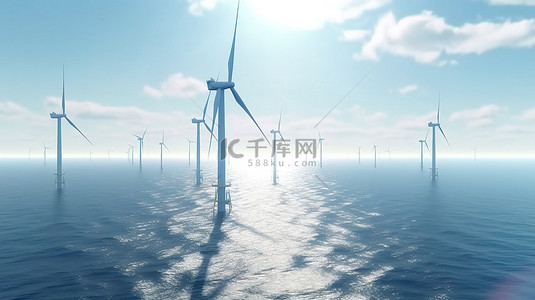 通过 3D 渲染促进清洁能源和生态可持续性的海上风力涡轮机鸟瞰图