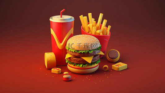 西式快餐背景图片_薯条可乐汉堡食物立体背景