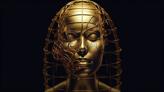 女性员工背景图片_3D 渲染概念艺术中带有迷人笼头和大脑的金色女性雕像