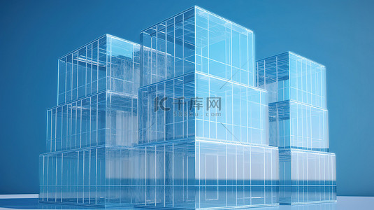 在蓝色背景下通过 3D 渲染描绘的透视大厦