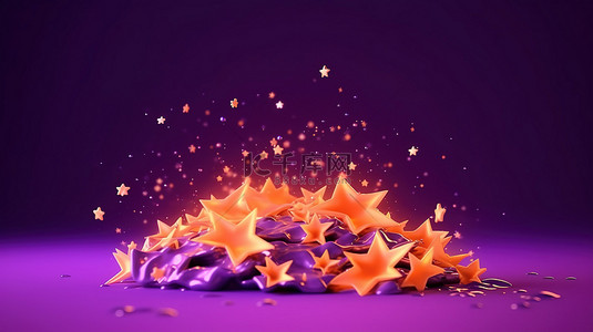 3d 渲染火焰与紫色背景上的星星令人惊叹的插图