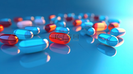 盆腔疼痛背景图片_生动的蓝色背景上的 3D 渲染胶囊和药丸