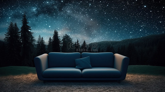 黑暗夜空中户外沙发的 3D 插图，闪烁着星星和黑森林景观