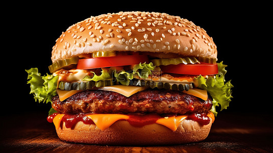 美味熟牛肉背景图片_美味快餐汉堡肉排的 3D 渲染