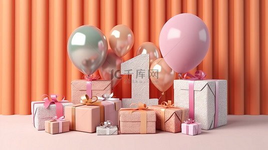 岁生日背景图片_庆祝 11 岁生日庆典的节日气球和礼品盒的 3D 渲染