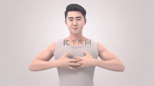 亚洲男性的 3D 渲染，双手放在胸前，摆出领导姿势，散发出成功的自信和放松