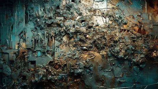 蓝色金属质感背景图片_超现实的 3d 艺术抽象渲染与损坏的金属质感和垃圾口音