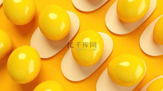 使用 3D 渲染创建的充满活力的黄色背景上排列的鸡蛋的空中透视